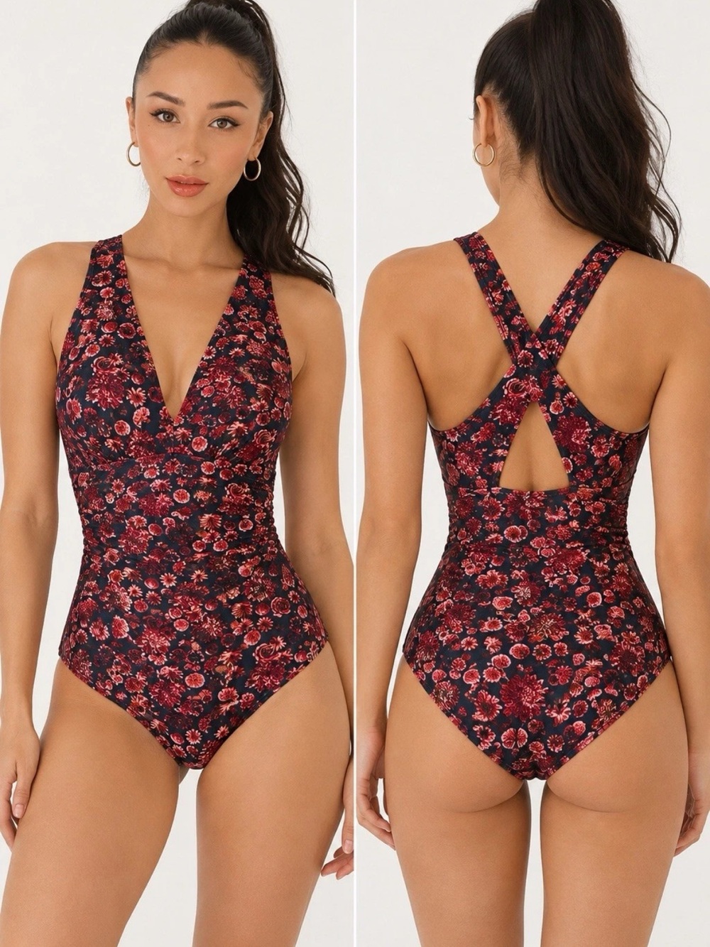 Albion Fit Floral Pink Maroon V-Neck One-Piece Swimsuit Crisscross Size M